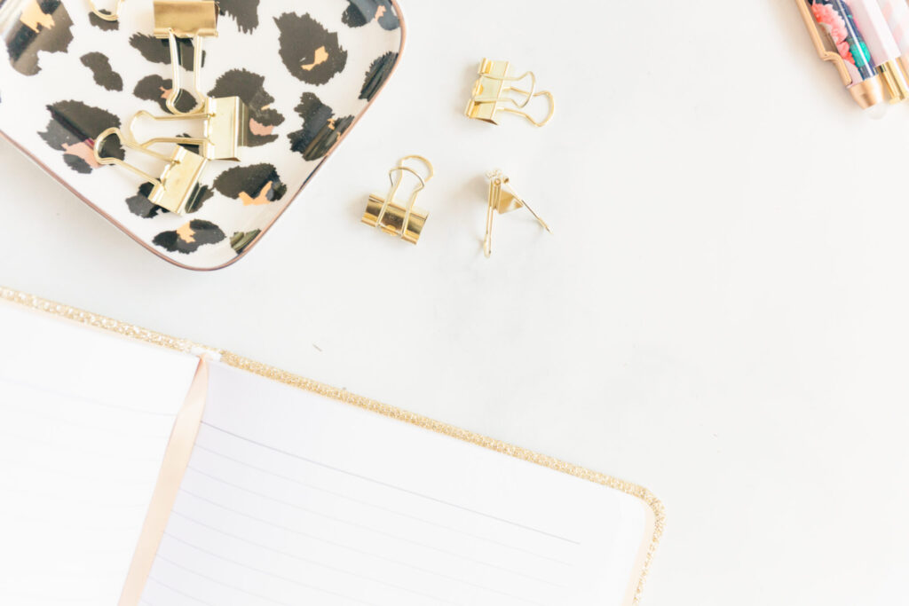 notebook, gold paper clips, leopard print tray