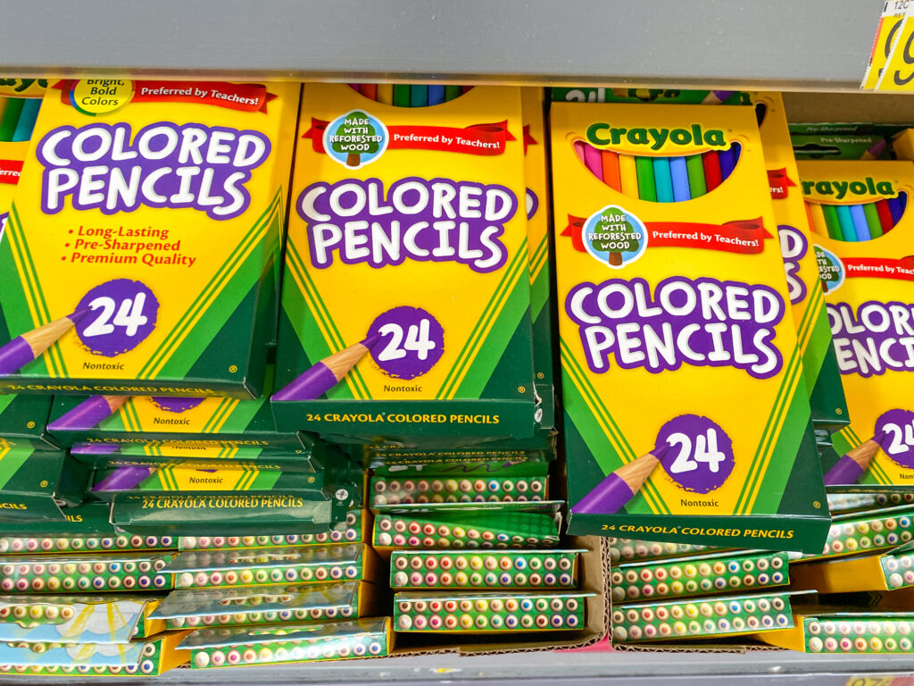 A display of Crayola Colored Pencils in the school supply aisle